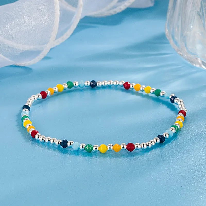 Silver Color Rainbow Beans Anklet for Women Summer Boho Handmade Beads Foot Chain Vocation Jewelry Gifts