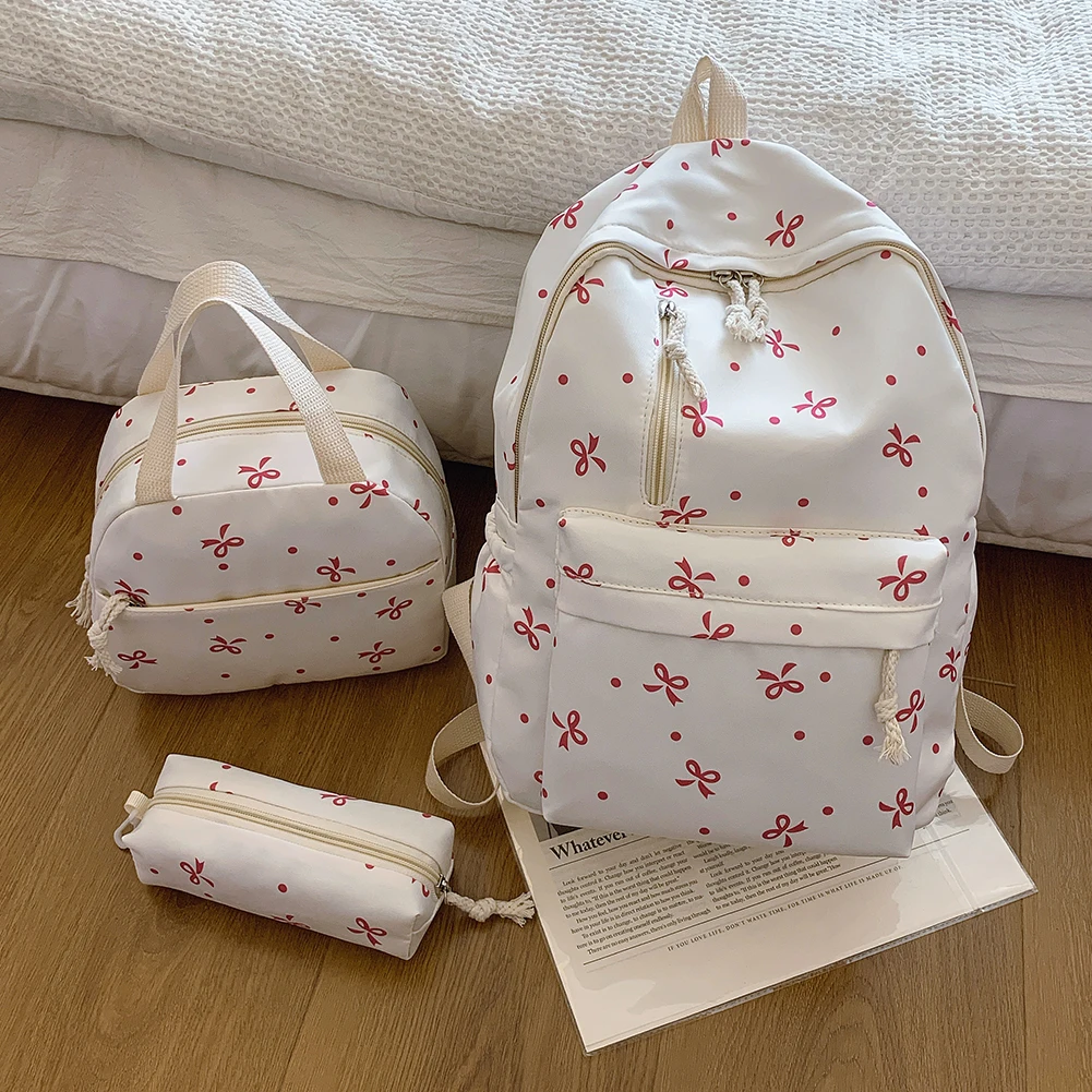 3Pcs/Set Bow Print Backpack with Handbag and Pencil Case Bookbag Aesthetic Daypack School Backpack for Teen Girls