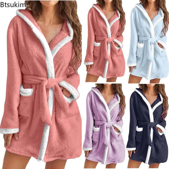 Robe d'hiver décontractée en peluche pour femmes, couleur unie assortie, Double poche, chemise de nuit à bretelles, peignoir pelucheux, manteaux, vêtements de maison pour dames