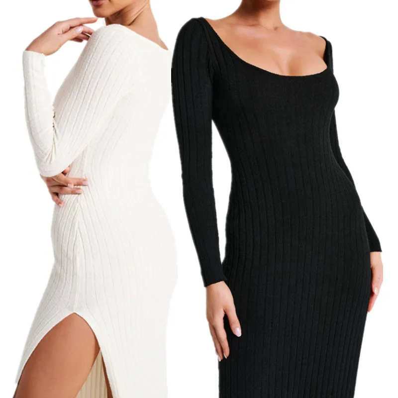 

Женское трикотажное облегающее длинное платье, вечерняя модель, одежда для весны и осени, однотонное Ребристое платье с глубоким вырезом и длинным рукавом, платье с разрезом до бедра