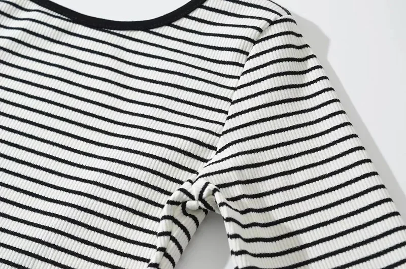 Women Cotton Low Back Long Sleeve Black And White Striped Bodysuit