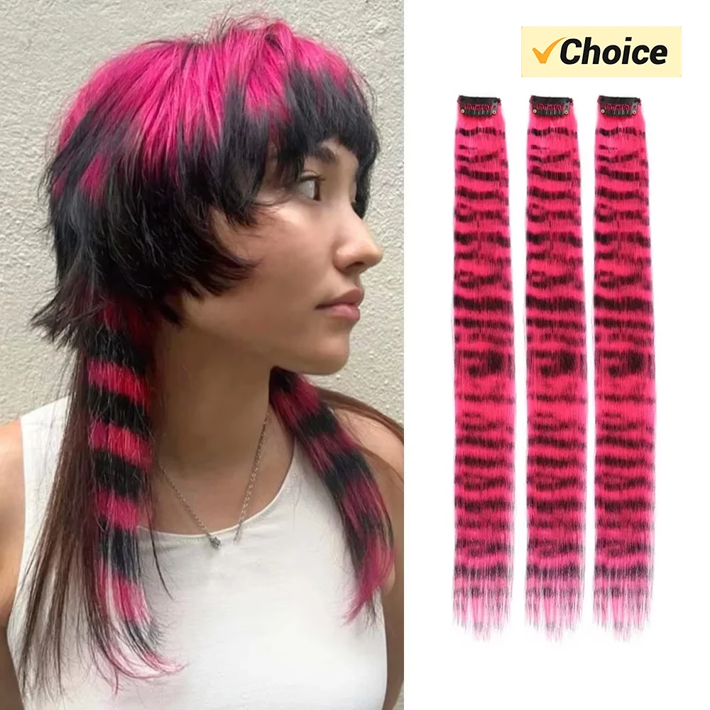 스트라이프 프린트 헤어 컬러풀 롱 스트레이트 헤어 피스 합성 클립인 헤어 익스텐션 일상 사용 파티 할로윈용