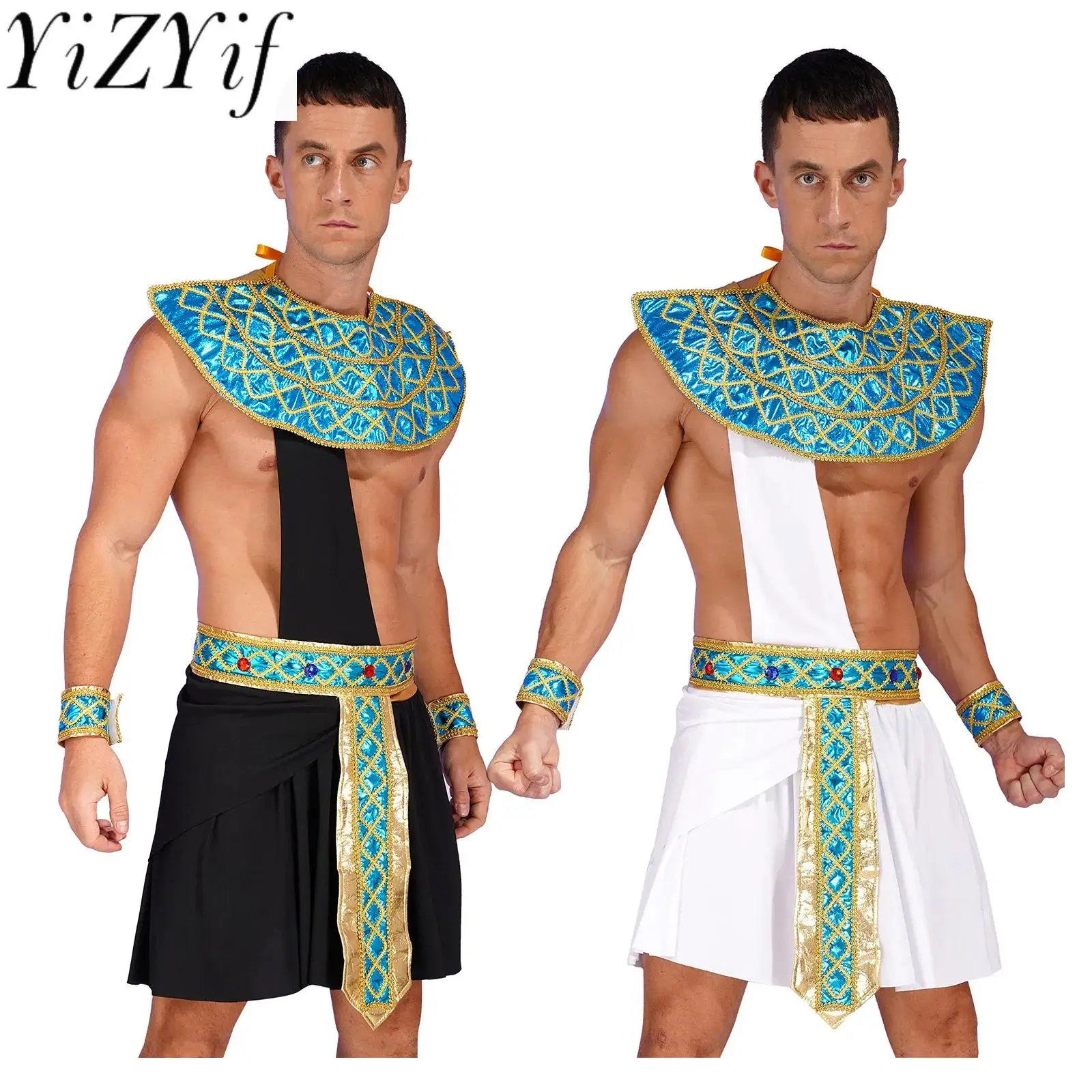 

Mens Egyptian Pharaoh King Cosplay Costume One Shoulder Skirt with Belt Cuffs for Halloween Theme Party Ancient Egypt Role Play