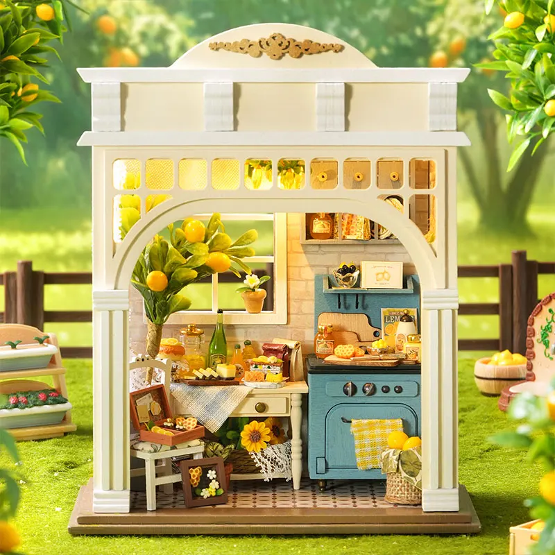 DIY Miniature House Kit Pastoral Lemon Kitchen Cottage Wooden Handmade Assembled Dollhouse With LED Light Creative D