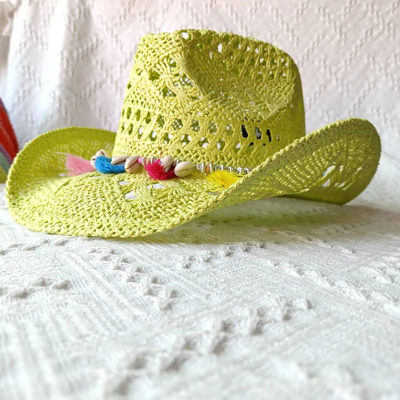 Gelber Strohhut mit Malan-Blumen, handgewebter, hohler Cowboyhut für Herren und Damen, Sommer-Sonnenhut, Jazz-Strohhut, Western-Cowboyhut – Detail 21