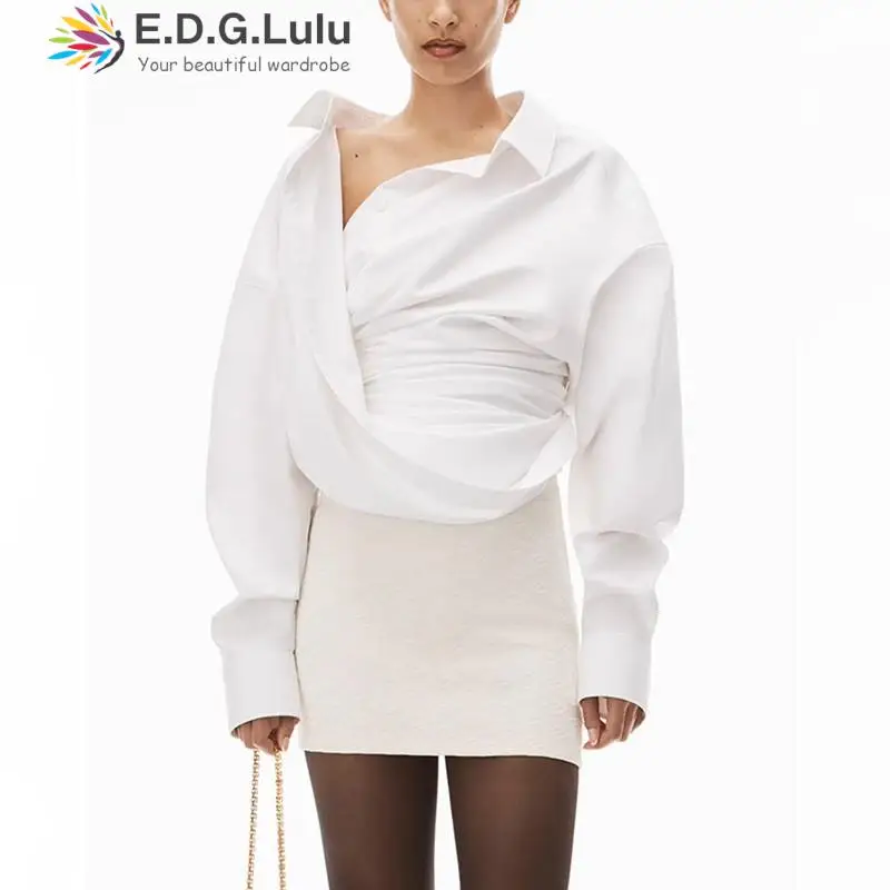 

EDGLuLu 2023 Autumn Korean Fashion Irregular Fold Top Design Turn-Down Collar Long Sleeve Shirt Women's Simple Blouse 0916