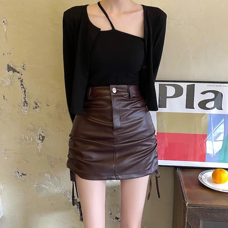 Hzirip Drawstring PU Women Mini Skirts Plus Size Sexy Autumn Chic All Match Party Slim 2021 Prom Casual High Waist Office Lady skirts for women