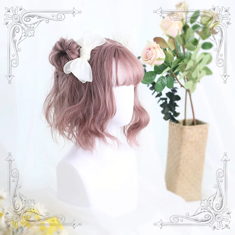 

High Quality Rose Ash Powder Air Bangs Daily Synthetic Short Style Wig High Temperature Fibre Cosplay Party