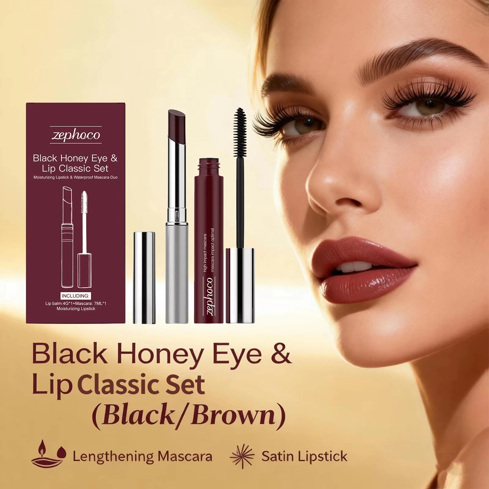 Black Honey Eye & Lip Classic Set Curling Mascara Moist Silky Plump Glossy Lipstick Waterproof Anti‑Fading 3D Lips Cosmetic Kit