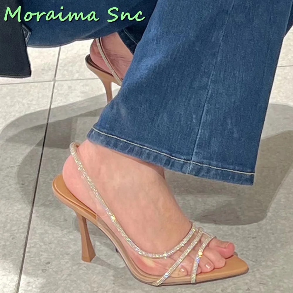 

Crystal Bling Clear Pointed Toe Sandals Stiletto High Heel Slip On Back Strap Shallow Women Dress Shoes Summer 2023 Sexy Fashion