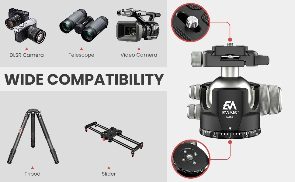 DX55-P Professional Tripod Ball Head Aluminum Panoramic 55mm Ball for Tripod Mon