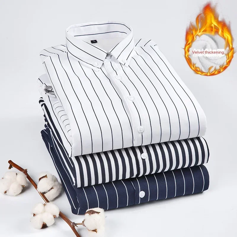 2023 Winter Fleece Thickened Warm Men Striped Shirts Slim Fit Long Sleeves Camisas De Hombre Korean Solid Casual Dress Shirts