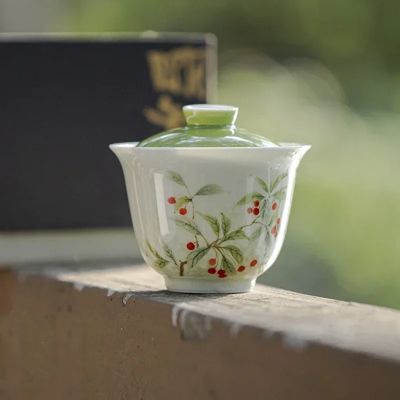 

Hand Painted Cherry And Leaves Porcelain Gaiwan Set For Tea Tureen Set Teaware Cup Chinese Green Bowls Chawan Tea Ceremony