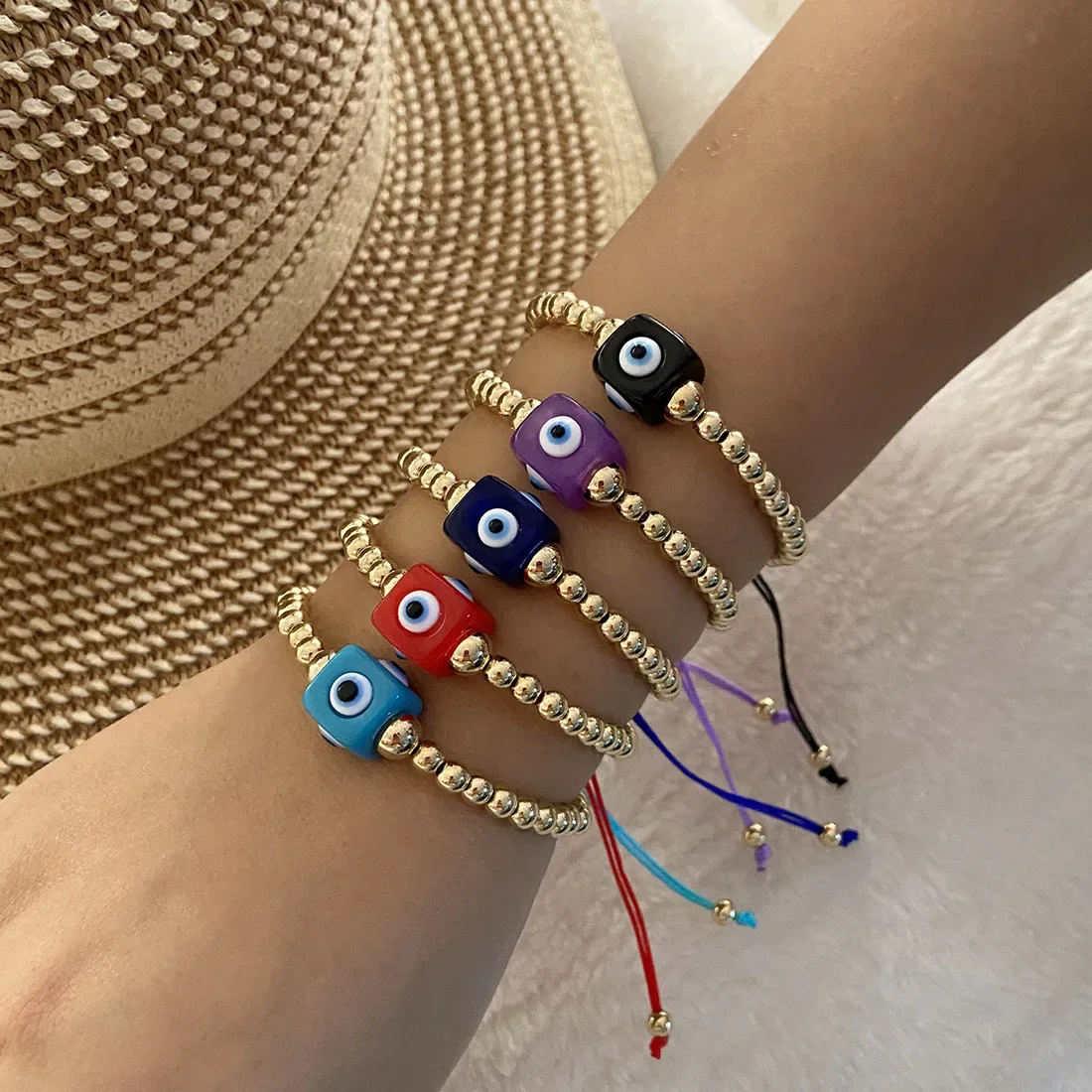 

New Fashion Gold Colour Beaded Geometric Eye Bracelet For Women High Quality Adjustable Wrist Jewelry Wholesale