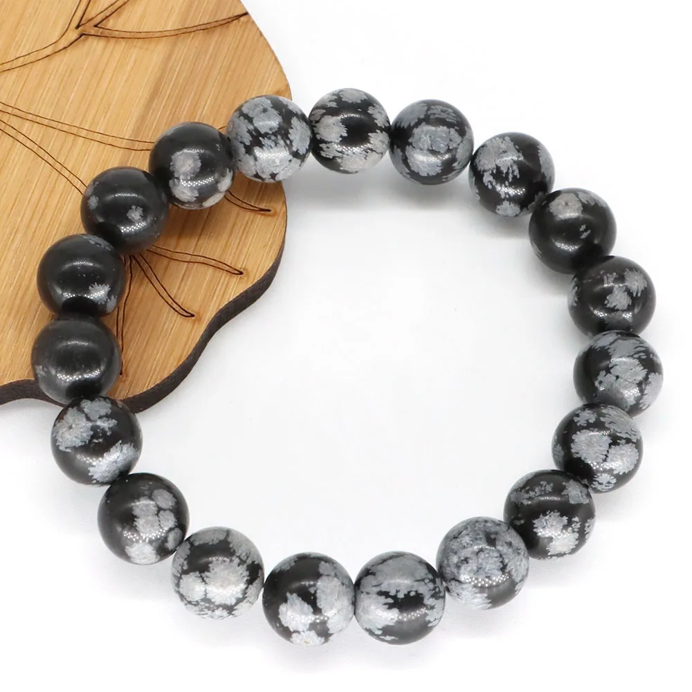 

Natural Stones Snowflake Obsidian Healing Crystal Quartz Handmade Bracelet Elastic Reiki Jewelry Polished Beads Women Men Gifts