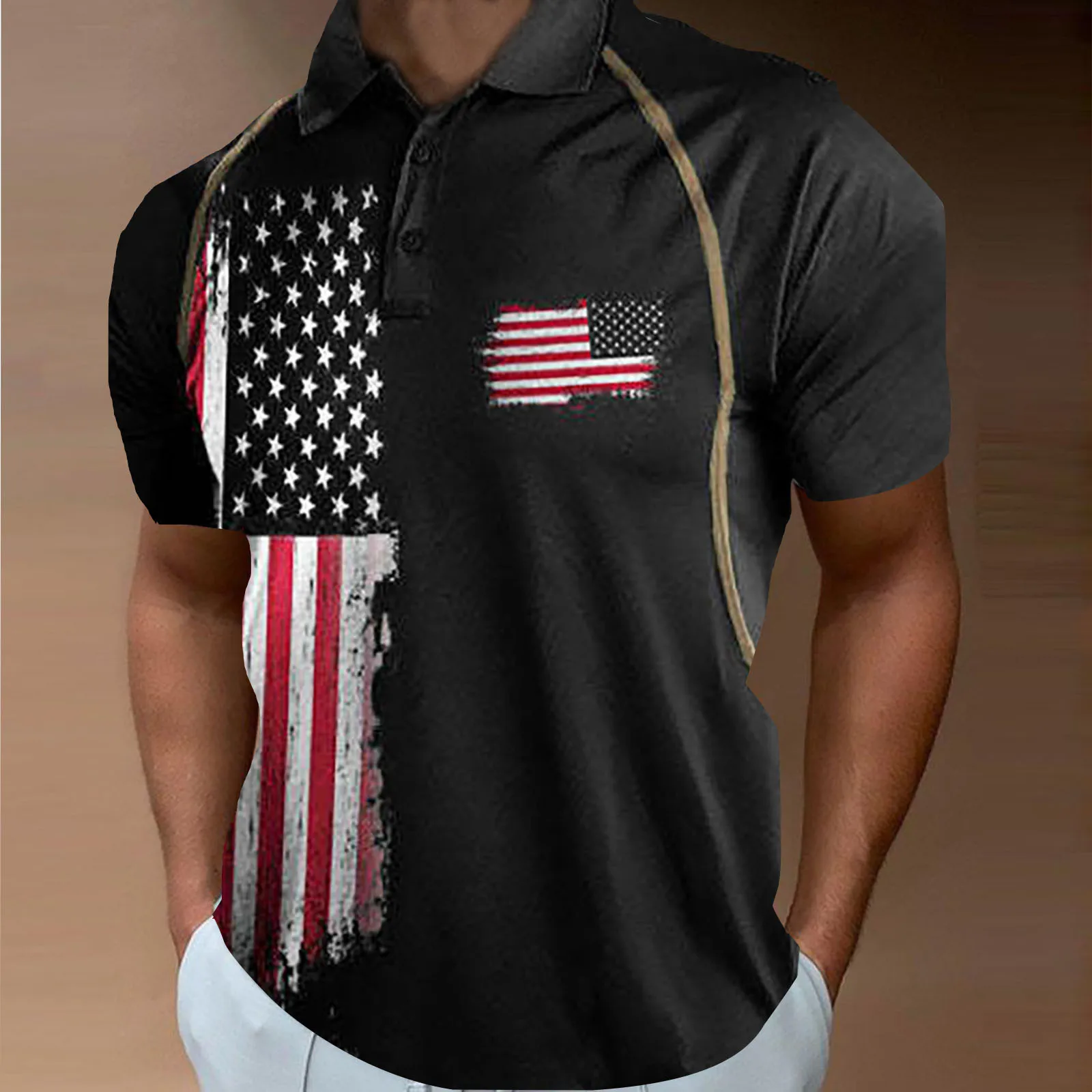 

Men Spring And Summer Fashion Loose Lapel Zipper 3D Digital Printing Independence Day Short Sleeve Top T Men Clothes Pullover