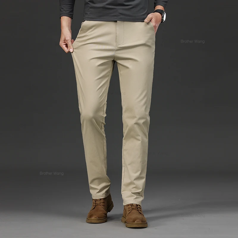 9 Color Men's Cotton Casual Pants Elastic Waist Slim Straight Solid Color Business Trousers Four Seasons Brand Male Clothes 3