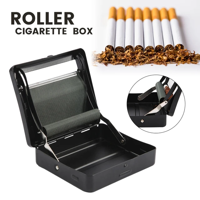 Caja de hojalata negra para máquina de liar cigarrillos, contenedor de  Metal para tabaco, soporte de almacenamiento para fumar - AliExpress