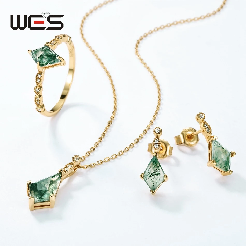 WES 100% 925 Sterling Silver Natural 6*9mm Moss Agate Rings For Woman Party Christmas Gift Anniversary Certified Fine Jewelry