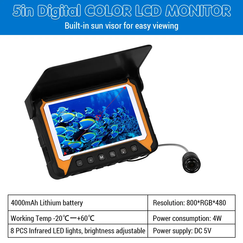 Underwater Fishing Camera with 5in LCD Monitor 120&deg; 500,000 Pixels 8 Pcs IR Night Vision for River/Ice Fishing