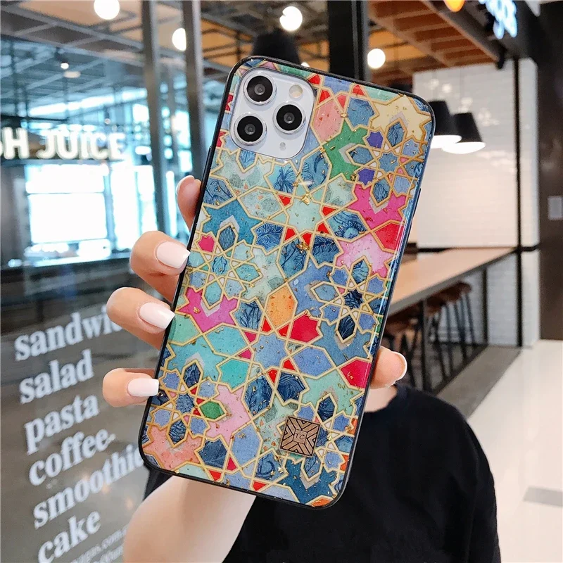 Luxurious Marble Silicone Epoxy Glitter Phone Case with Gold Foil Feather Design