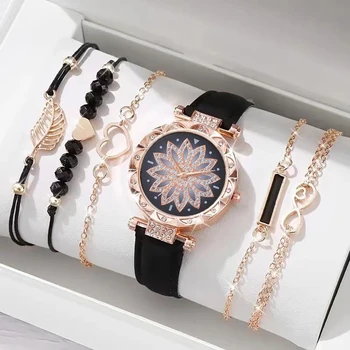 Fashion Trend Light Luxury Flower Pattern Diamond Set for Women Quartz Watch Bracelet Set of 6, Suitable for Christmas and Thank