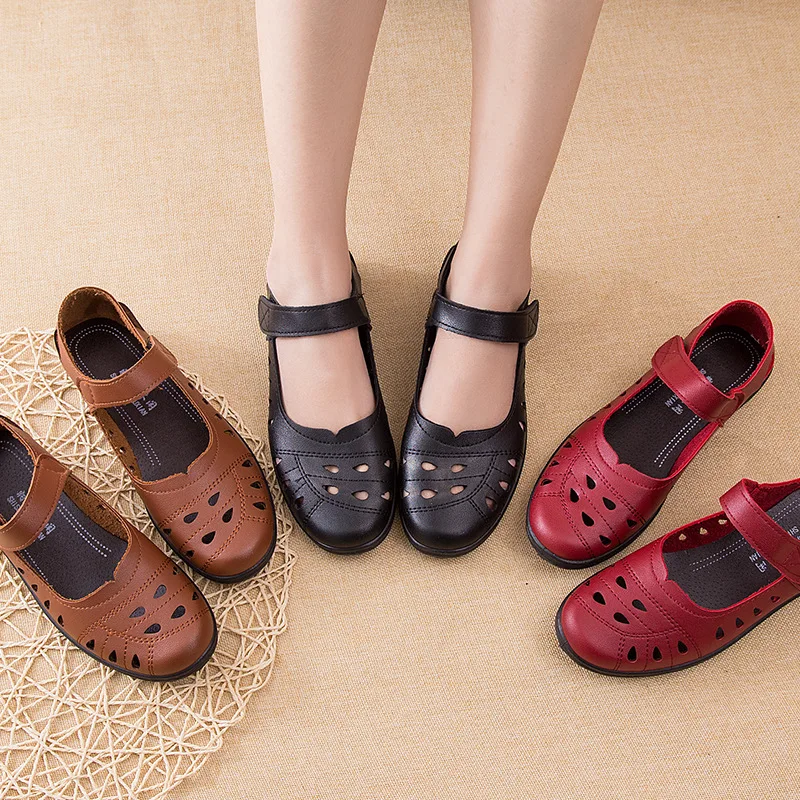 Spring Summer Women's Leather Flat Shoes Breathable Soft Sole Ladies Mary Janes Shoes Female Non-slip Leisure Footwear Mom Shoe