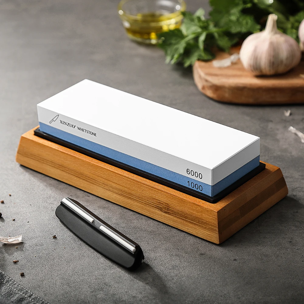 XINZUO Double Side 1000/6000 Grit Whetstone Professional Knife Sharpener Sharpening Stones with Angle Guide &Bamboo Holder knife sharpener kitchen knife sharpener knife sharpening stone diamond sharpening stone