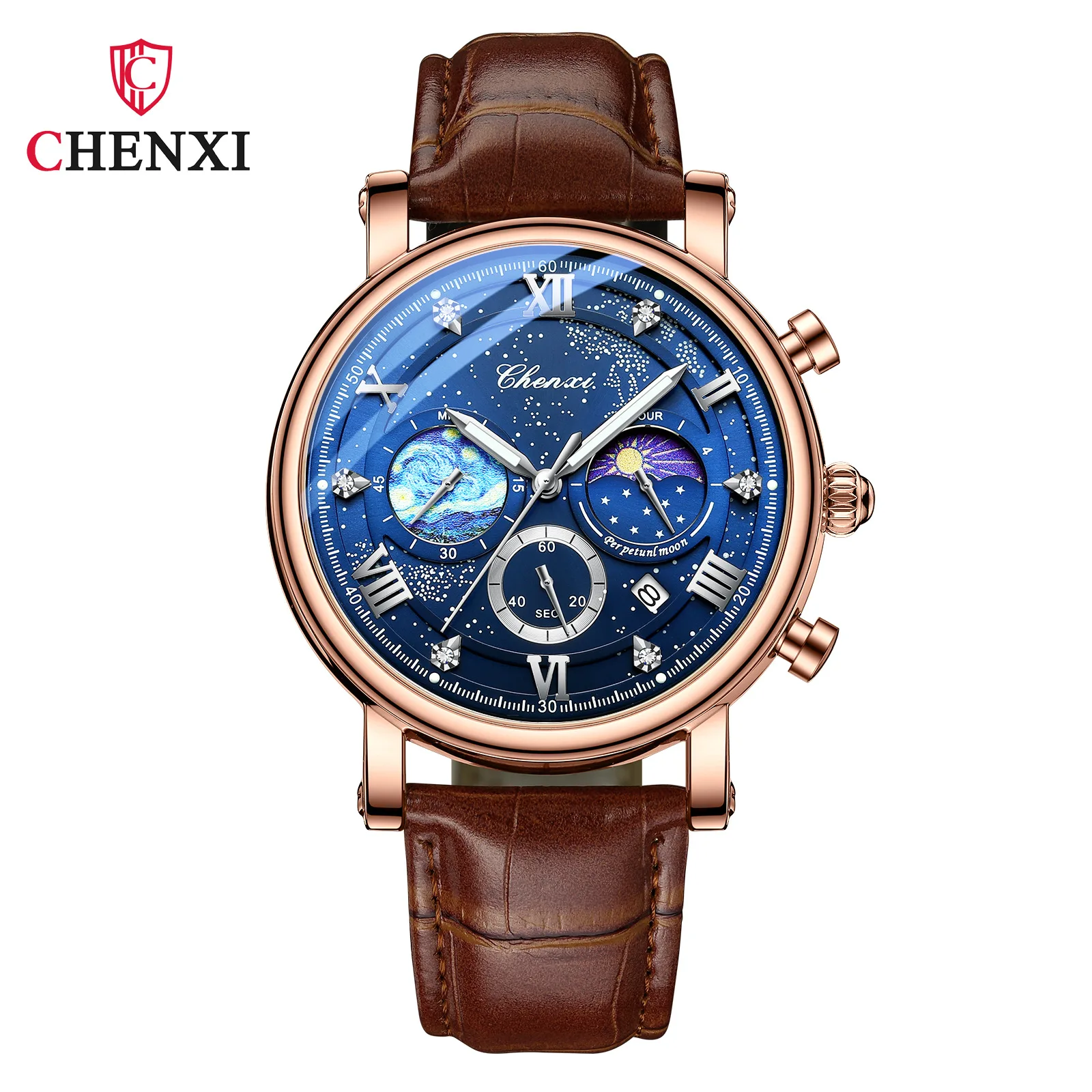 Top Brand Men's Watch Luxury Genuine Leather Chronograph Calendar Business Casual Waterproof Quartz Wristwatch for Men Gift