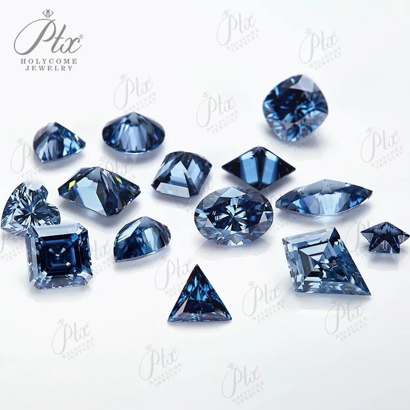 Leuchtend blaue Moissanit-Edelsteine, Brillantschliff, verschiedene Formen, exzellenter Schliff, GRA-zertifiziert, bestehen den Diamanttest.
