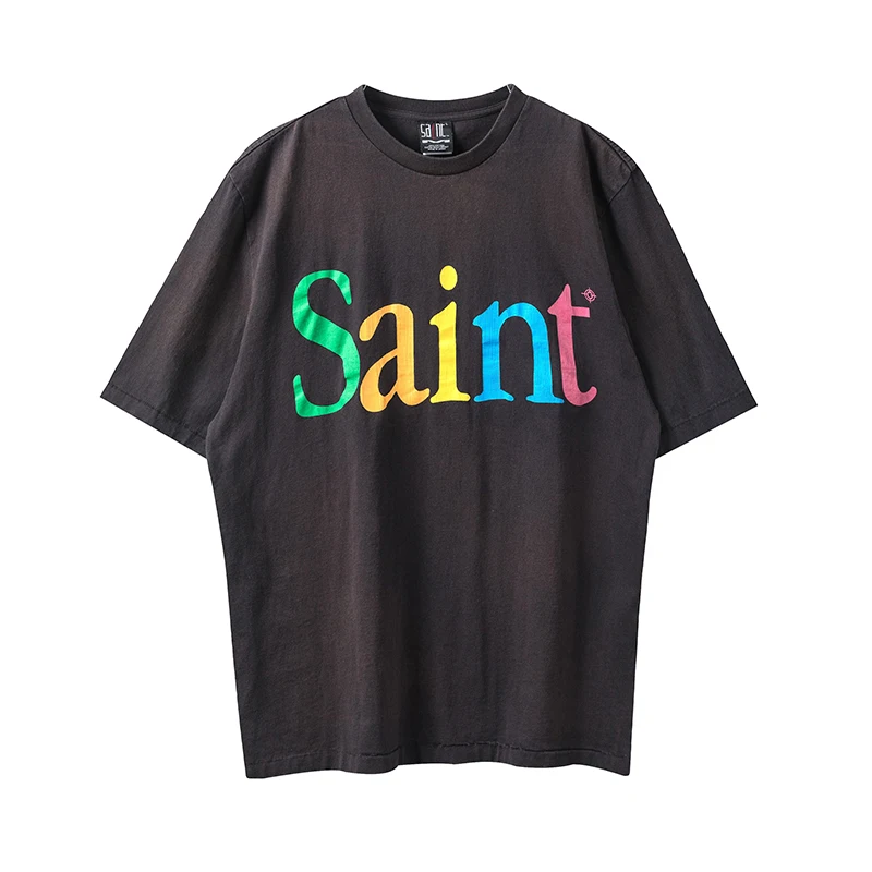 

2024FW летняя футболка с граффити в стиле Св. Майкла, с красочными буквами, в стиле ретро, из чистого хлопка, с круглым вырезом и большими короткими рукавами, футболка