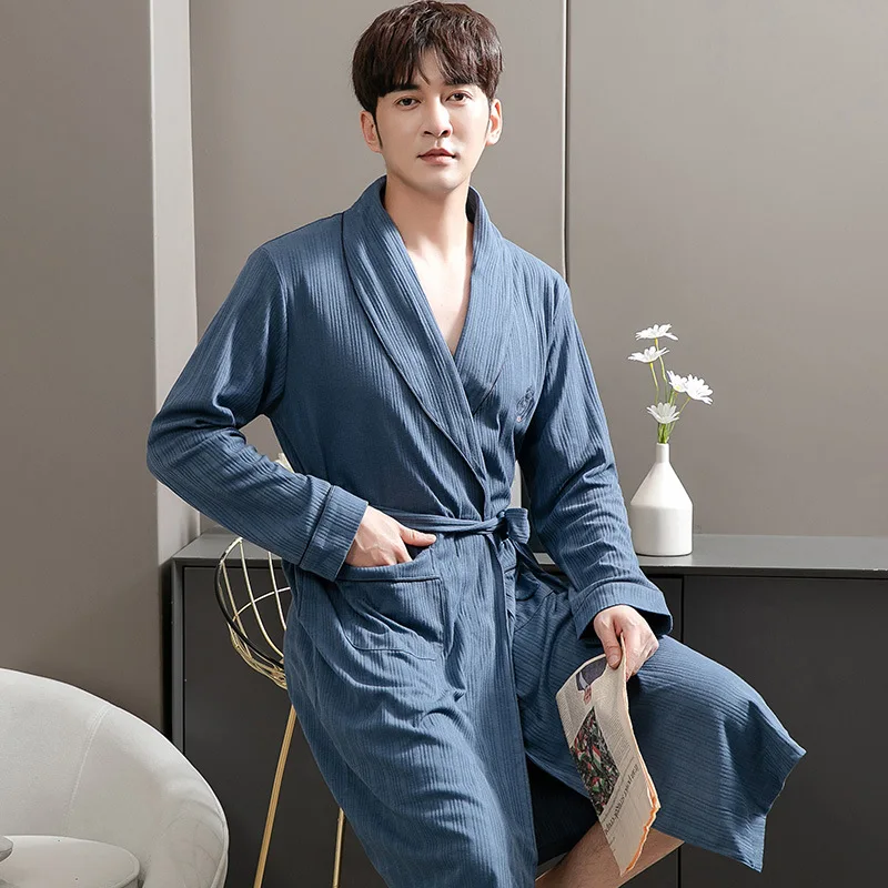 men's pajama sets 2021 Autumn Winter Loose Casual Bathrobe Men Dressing Gown Kimono Man Bath Cotton Long Sleeve V Neck Pijama Luxury Robe Dresses silk pajama pants Men's Sleep & Lounge