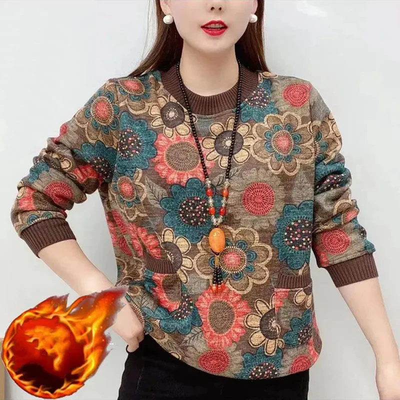 

Fashionable and Versatile Retro Top Simplicity Splice Pockets Half High Collar Printed Long Sleeved Commuting Pullover Shirt