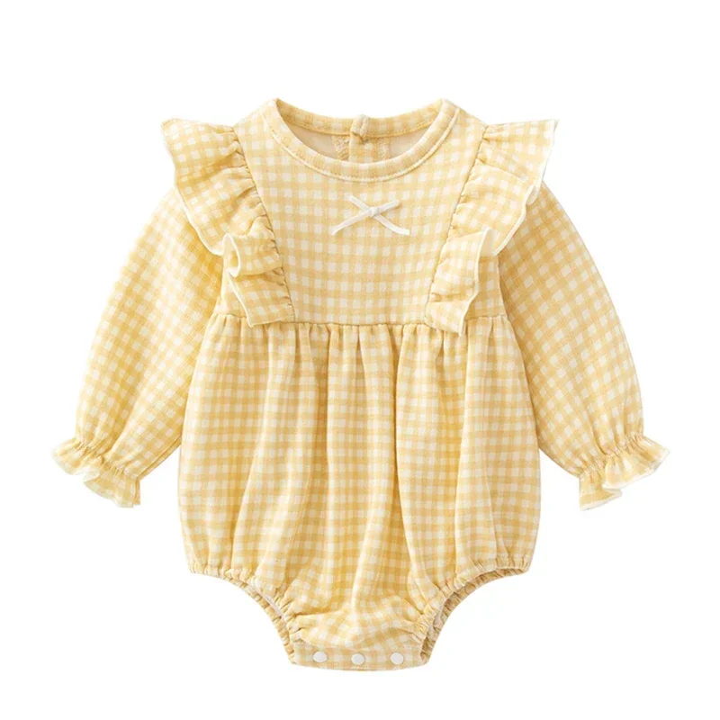 

Autumn Spring 0-12M Newborn Baby Girls Bodysuits+Hat Long Sleeved Cotton Plaid Infant Baby Girls Jumpsuit Children Clothes