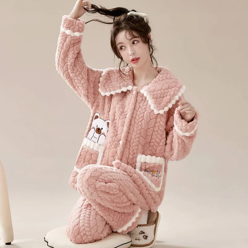 Women's Thickened Loose Size Pajamas Set Flannel Home Wear Cute Sweet Autumn Winter Loungewear Suit Warm Coral Velvet Sleepwear