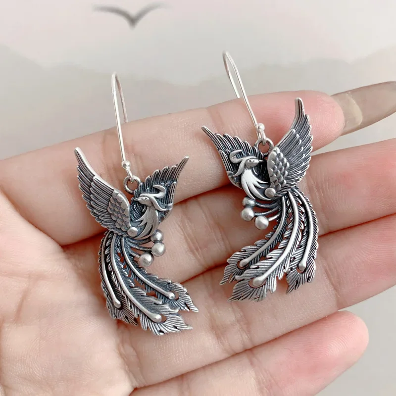 

Vintage 925 Sterling Silver Phoenix Drop earrings For Women Ethnic Statement Handmade Bird Ear Hook Jewelry EH190