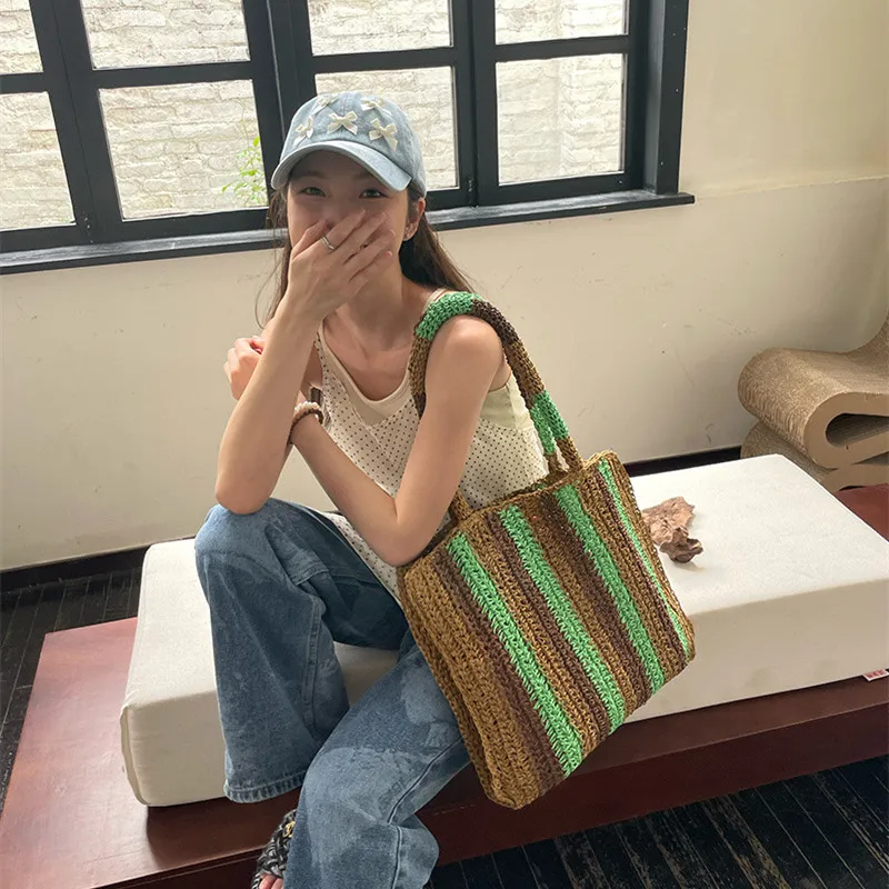 Straw Woven Handbags For Women Handmade Travel Seaside Beach Bag Summer New Handle Bucket Bag Shopping Tote Bag Basket Bolsa