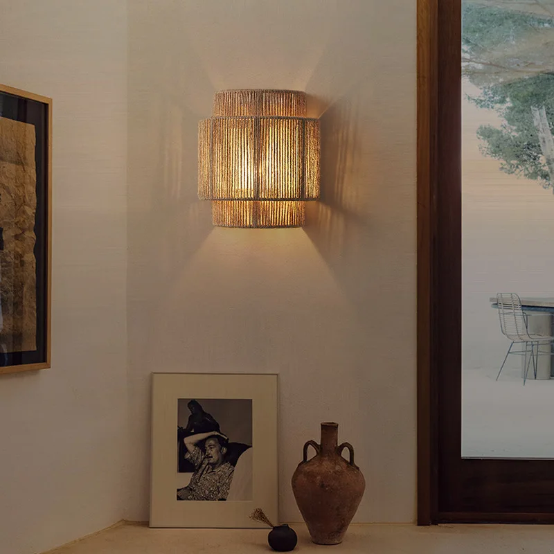 Tigmi Raffia Wall Lamp rustic linen lamp Bedroom Bedside Lights Dining Room Living Room Aisle Japanese home indoor Light 4