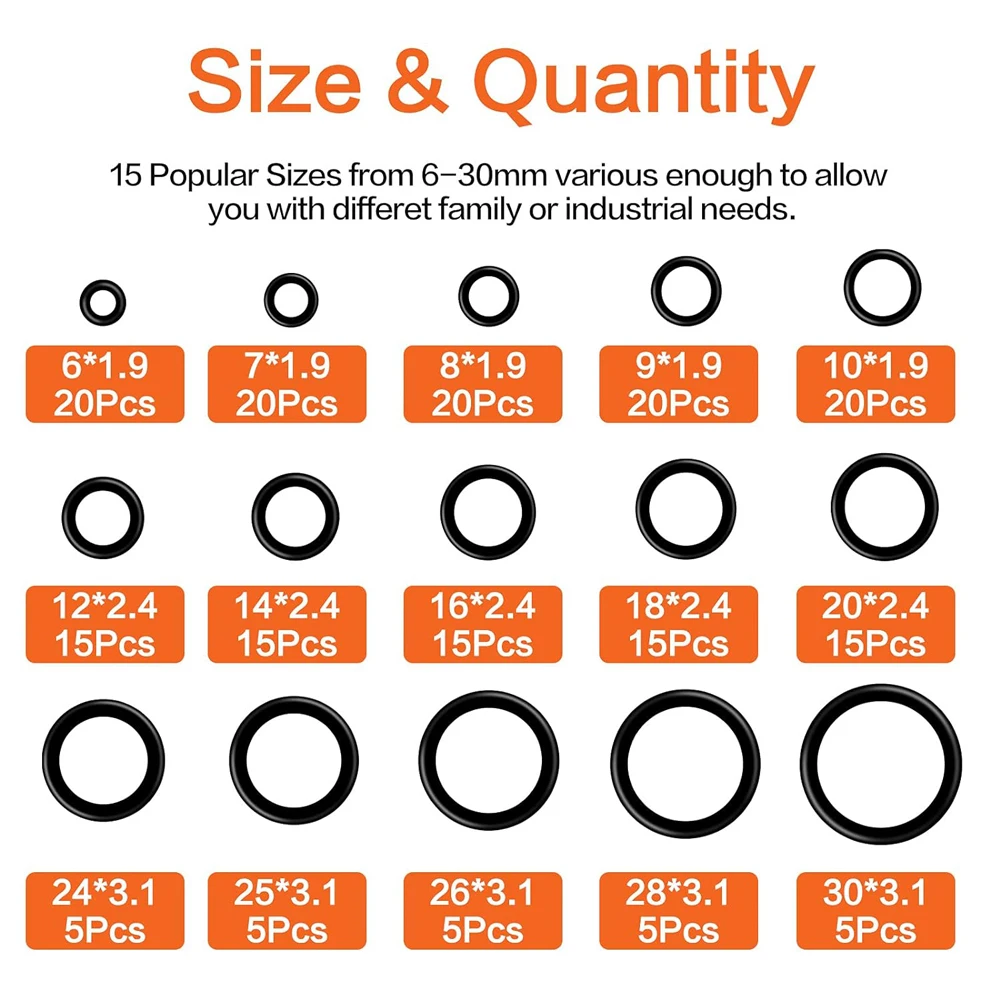 200pcs Rubber O Ring Set Gaskets Seal Nitrile Rubber Bands High Pressure O-Rings Repair Kit for Protect Wire Cable Hole