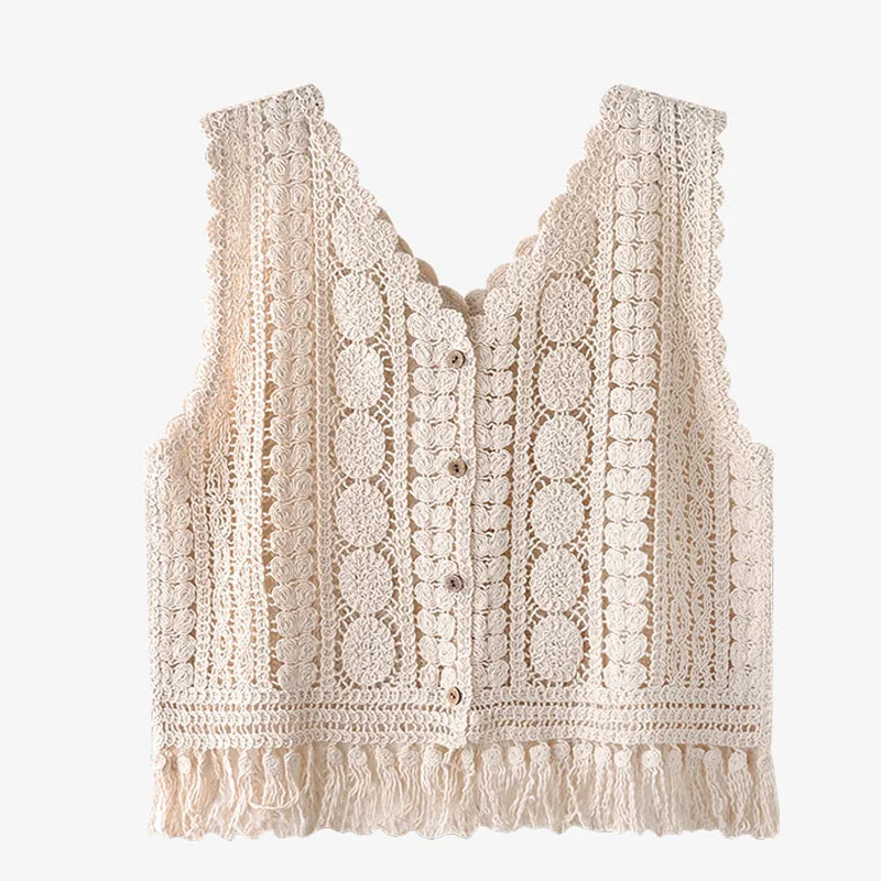 

Boring Honey Sleeveless Crochet Tassels Tank Top Women Hollow Out Solid Colors Crop Top V-Neck Single-Breasted Camis Corset Tops