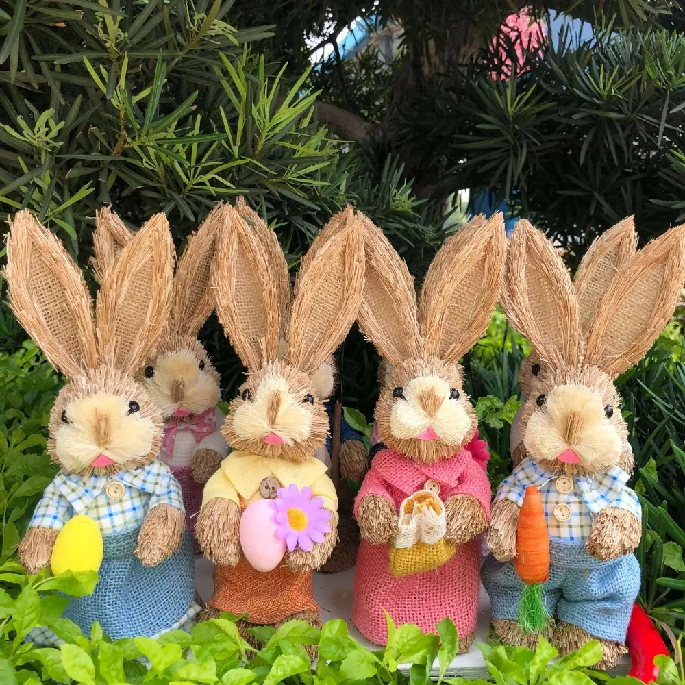Cute High-25cm Straw Rabbits Handmade Hand Weave Garden Statues DIY Photography Props Bunny Decoration Wedding Ornament garden art decor animal sculpture decorations