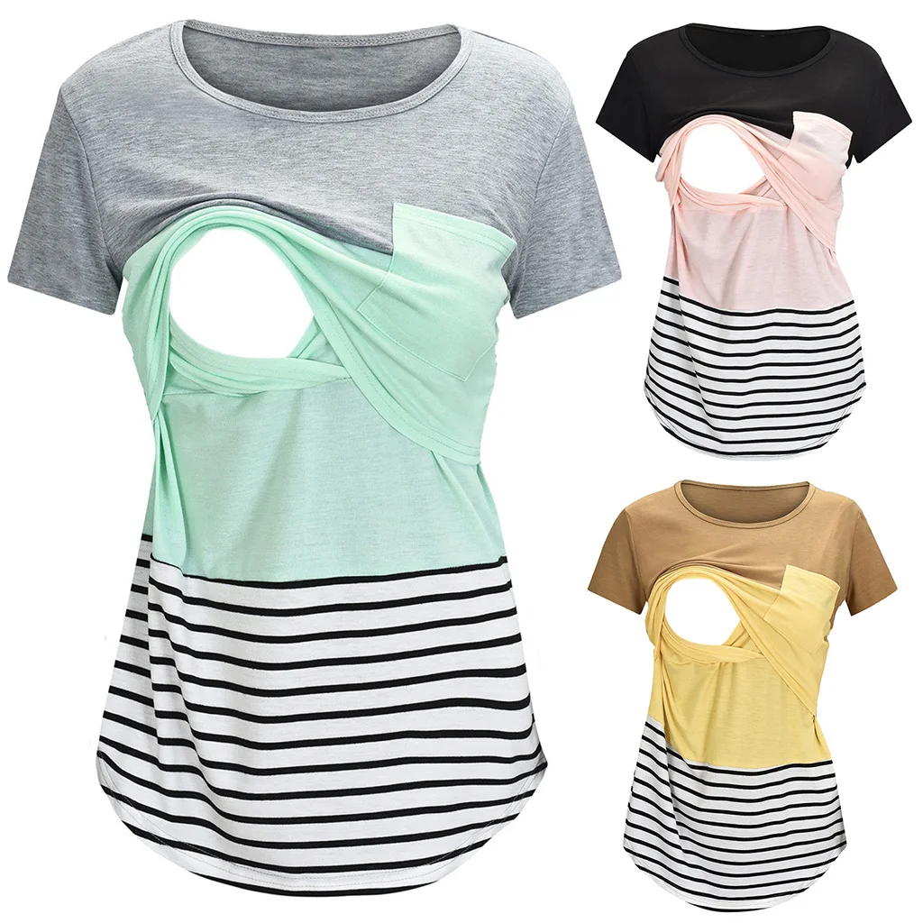 New Maternity Clothes Casual Tops Nursing For Breastfeeding T Shirt Striped Print Women Maternity Short Sleeve Maternity Blouse