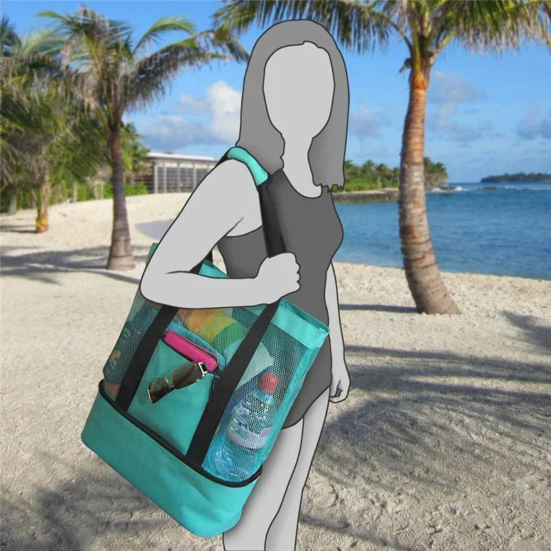 Large Mesh Beach Cooler Bag Outdoor Camping Picnic Bag Storage Drink Food Cooler Tote Thermal Insulation Lunch Box