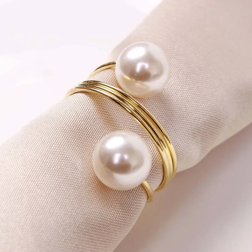 Gold Silver Napkin Rings Metal Pearl Bow Buckles 12PCS for Christmas Wedding Banquet