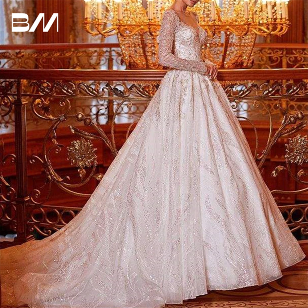 

Illusion Long Sleeve Ballgown Wedding Dress Sheer Neck Bride Dresses With Beads Lace Appliques Bridal Gown Robe De Mariee