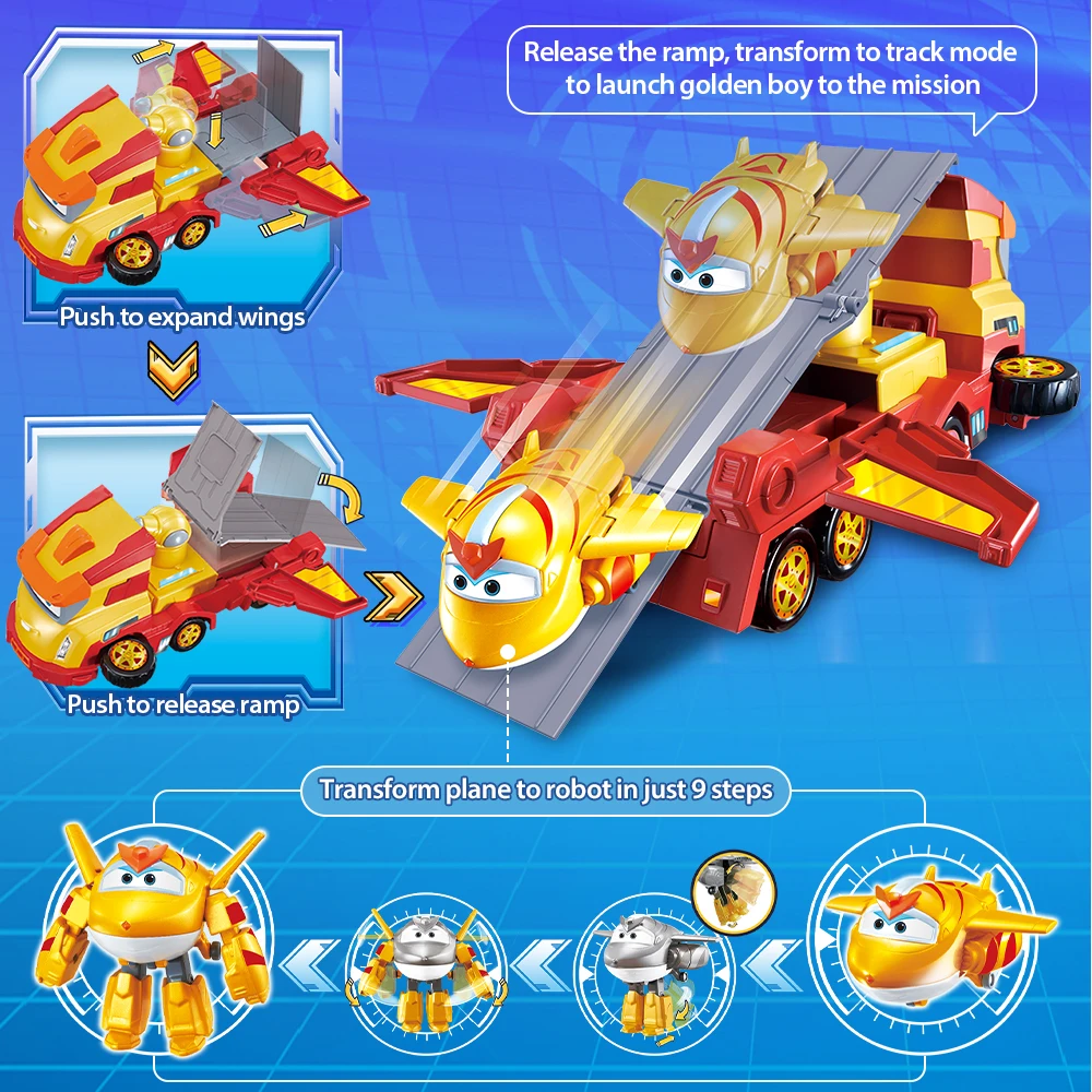 Super Wings Golden Wheels Transforming Vehicle 3-in-1 Transformation Vehicle Aircraft Track with MINI Golden Boy Anime Kid Toy