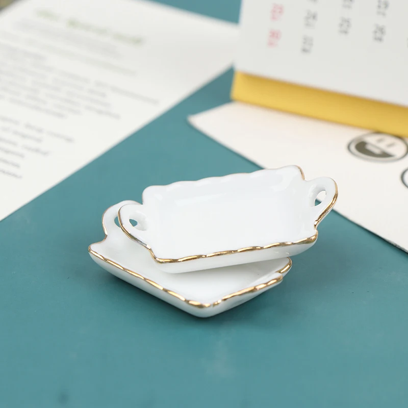 1:12 Dollhouse White Ceramic Gold Rimmed Bowl Dish Plate Food Plate Dishes Tray Dollhouse Miniature Kitchen Furniture Toys