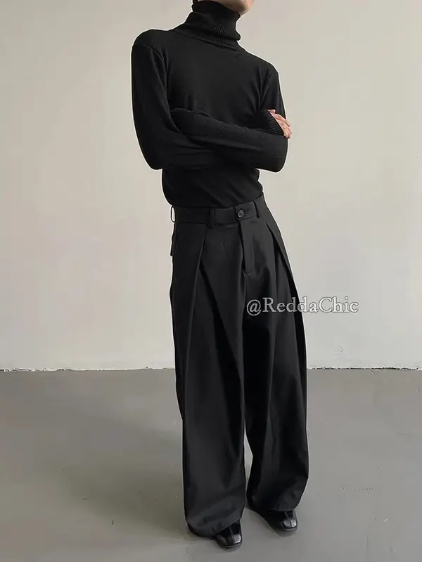 REDDACHiC Men's Pleated Front Wide Leg Pants Cleanfit Black Solid Low Waist Dressy Trousers Unisex Office Work Casual Clothes - Image 5