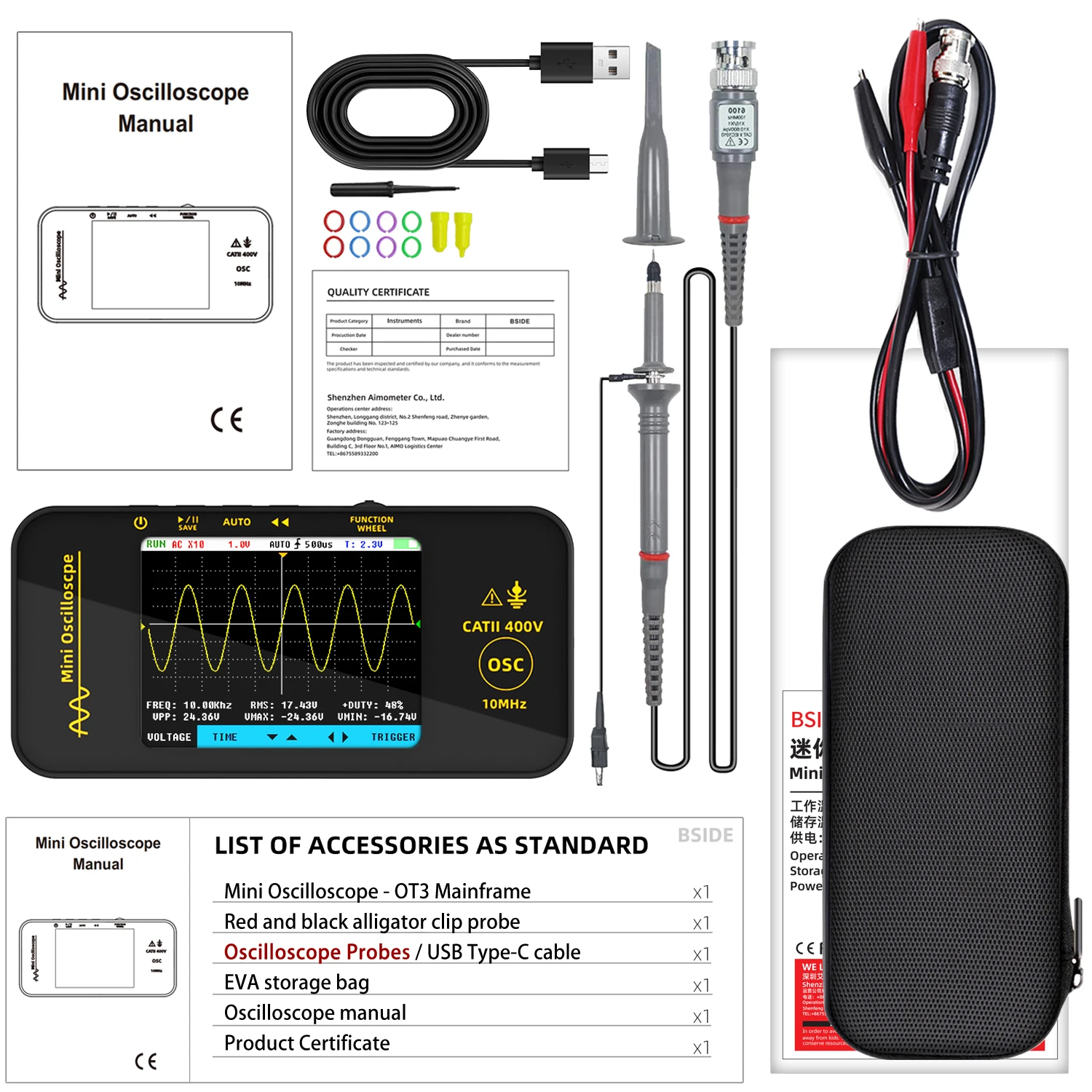 OT3 Handheld Oscilloscope 3.2” TFT LCD Digital Scope Tester, 10MHz/48MSa/s,Potab
