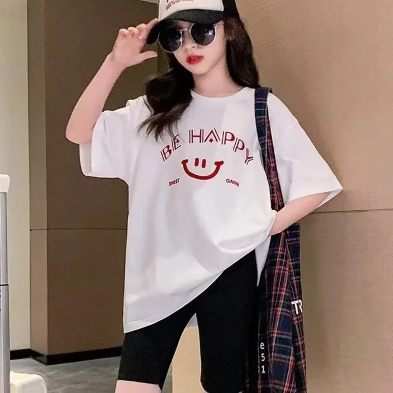 

Ins Summer Fashion Straight Type Trendy Round Neck Harajuku T-shirt Lazy Five-quarter Sleeves Simple Girls' Clothing